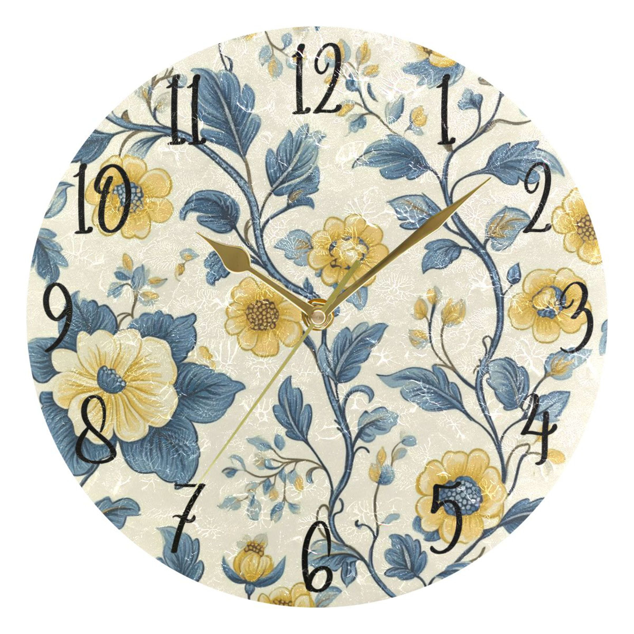 WOBOGO Yellow Vintage Floral Pattern Wall Clock 10in Silent Mechanism ...