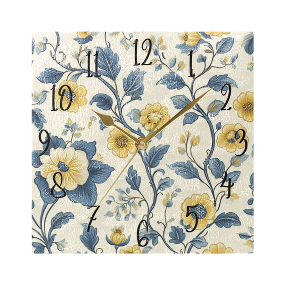 WOBOGO Yellow Vintage Floral Pattern Wall Clock 7.78 Inch Battery Operated Silent Unit Square Rustic Vintage Style for Home Bedroom Office Gold Pointer