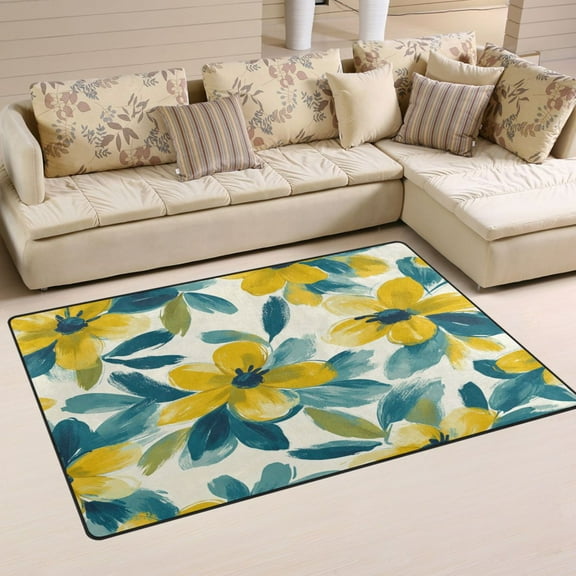 WOBOGO Yellow and Teal Flowers Carpet Non-Slip Rugs Soft Doormat 31×20in Living Dining Room Bedroom Decorative