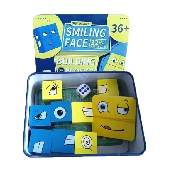 WOBOX Face Change Cube Building Blocks Game, Wooden Expression Matching Puzzle, ParentChild Tabletop Game with 32 Challenge Cards for Kids 3+