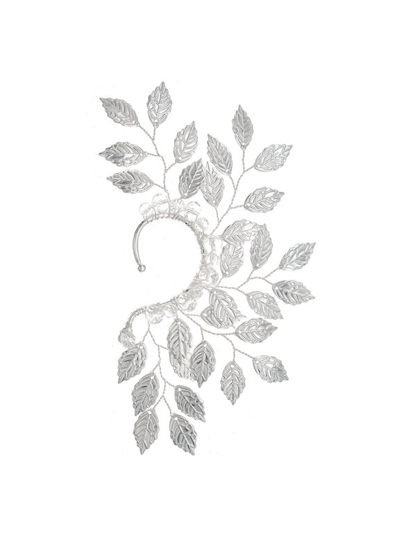 Left Ear Silver Leaf Clear Crystal No Piercing Ear Cuff Bridal Hair Ear Wrap Wedding Jewelry