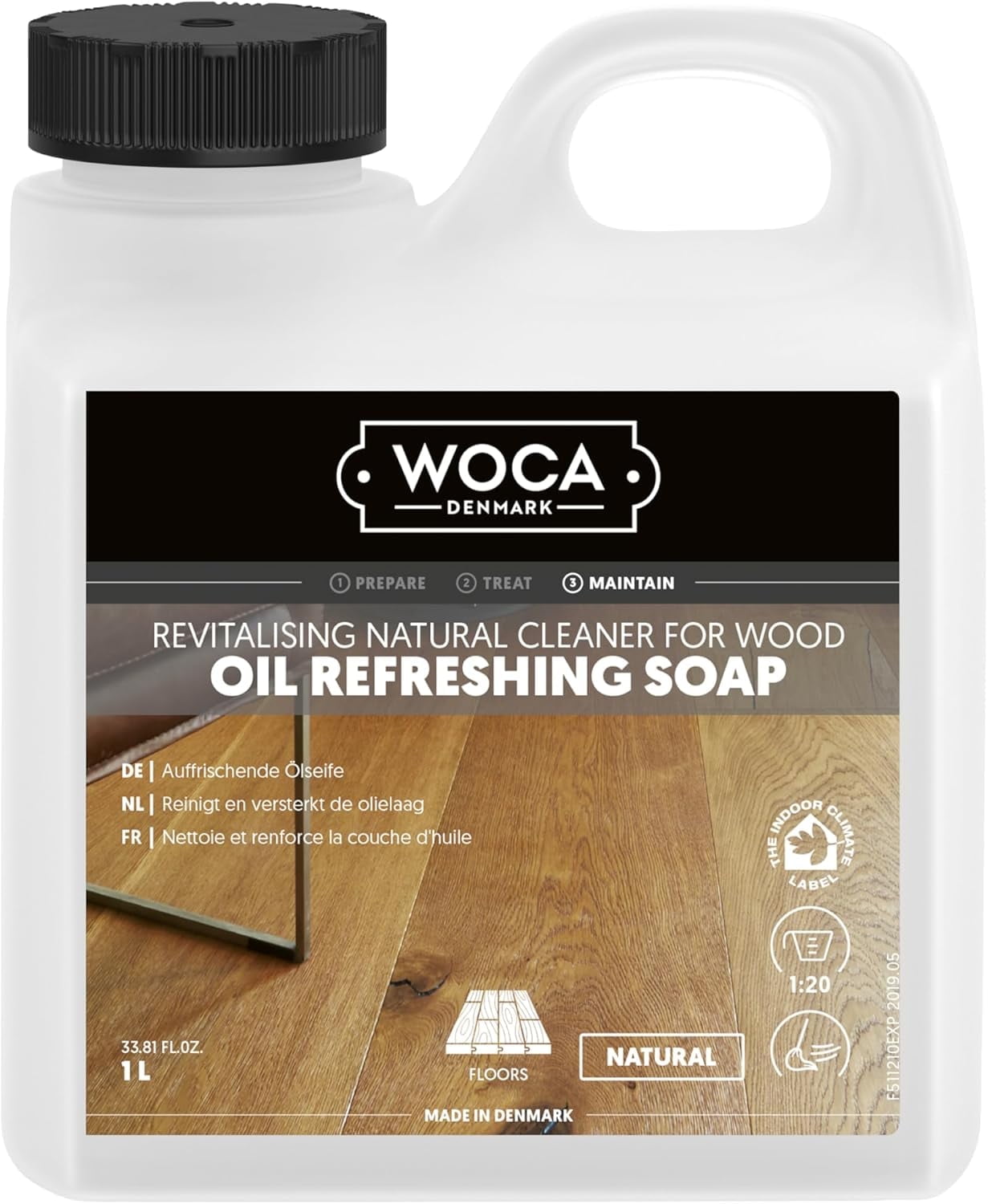 WOCA Denmark Oil Refreshing Soap Natural 1L Cleaner & Rejuvenator for White Oiled Wood Floors | Plant-Based, Food Contact Safe | Cleans, Re-oils, Protects & Maintains Matte Finish | Low VOC