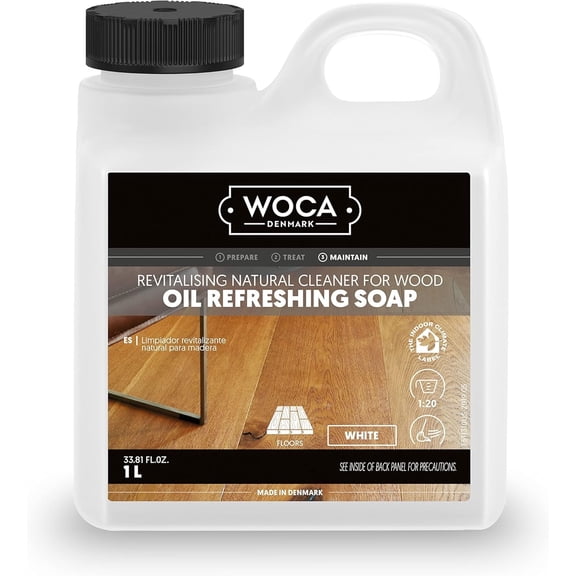 WOCA Denmark Oil Refreshing Soap White 1L  Cleaner & Rejuvenator for White Oiled Wood Floors | Plant-Based, Food Contact Safe | Cleans, Re-oils, Protects & Maintains Matte Finish | Low VOC