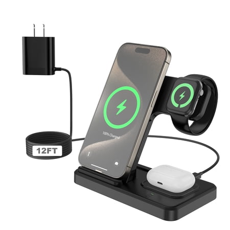 WOCCIC iPhone Charger Fast Charging, 3-in-1 Apple Charger Station, Powered by 18W DC adapter with 12ft Extra Long DC Cable, Compatible with iPhone, iWatch, iPod