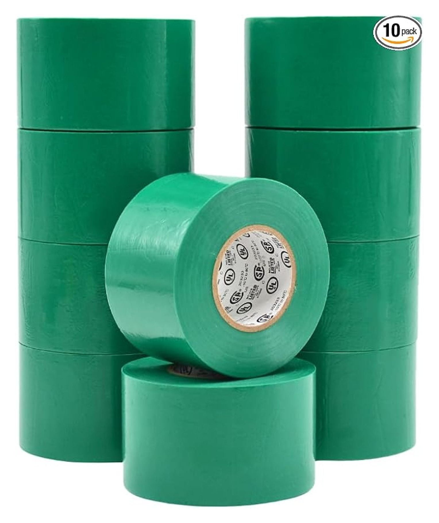 WOD ETC766 Professional Grade General Purpose Green Electrical Tape UL/CSA Listed . Vinyl Rubber Adhesive Electrical Tape: 2 inch X 66 ft. - Use at No More Than 600V & 176F (Pack of 10)