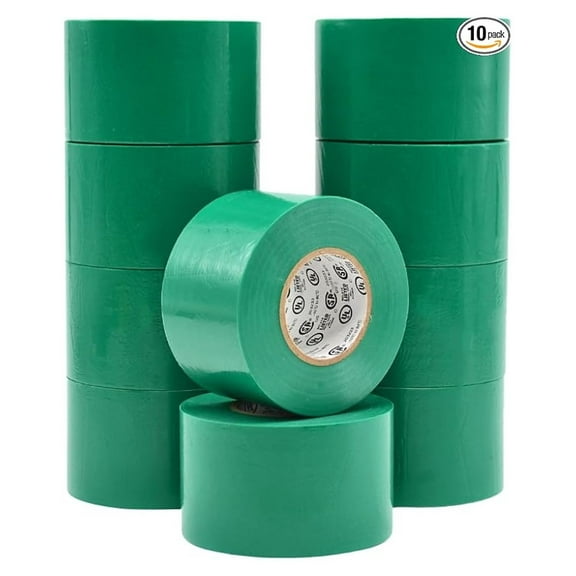 WOD ETC766 Professional Grade General Purpose Green Electrical Tape UL/CSA Listed . Vinyl Rubber Adhesive Electrical Tape: 2 inch X 66 ft. - Use at No More Than 600V & 176F (Pack of 10)
