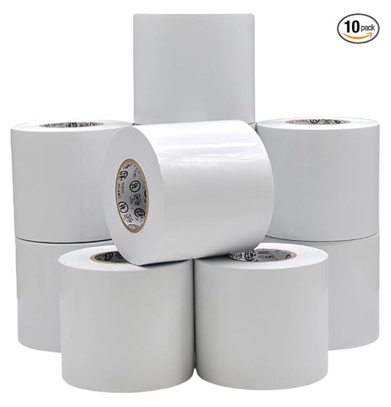 WOD ETC766 Professional Grade General Purpose White Electrical Tape UL/CSA Listed . Vinyl Rubber Adhesive Electrical Tape: 3 inch X 66 ft - Use at No More Than 600V & 176F (Pack of 10)