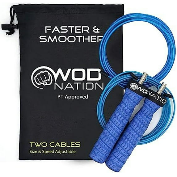 WOD Nation Adjustable Jump Rope - Dual-Speed Cables for HIIT & Fitness - Quick Adjustments for Smooth Jumping Rope Workouts - Travel Bag Included for On-the-Go Gym Accessory - 11 ft, Blue