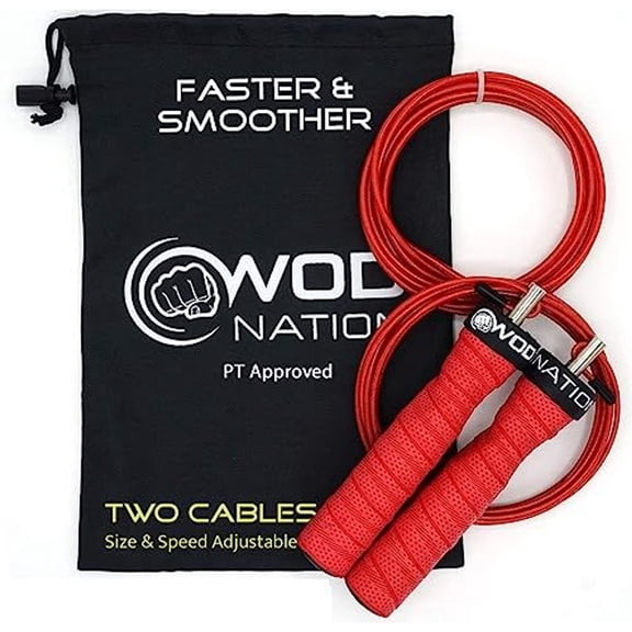 WOD Nation Speed Cable Jump Rope - Adjustable Speed Rope for Double Unders - Skipping Cord for Cardio & Boxing - 11 ft Cable, 2.2/3.3 mm, Red Alloy Steel