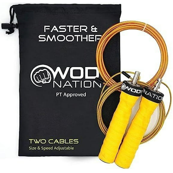 WOD Nation Alloy Steel Jump Rope - Two-Cable Adjustable Design for Weighted Rope - Compact Travel Bag for Gym Accessories - Ergonomic Handles for Exercise Fitness - Yellow, 11 ft