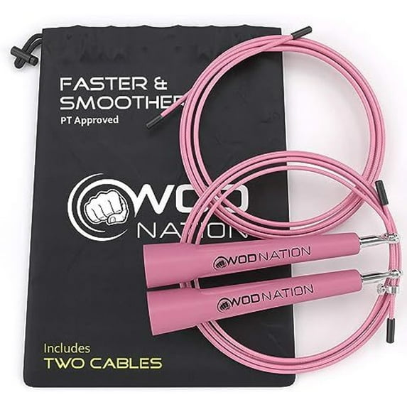 WOD Nation Adjustable Speed Jump Rope For Men, Women & Children - Blazing Fast Fitness Skipping Rope Perfect for Boxing, MMA, Endurance - Pink