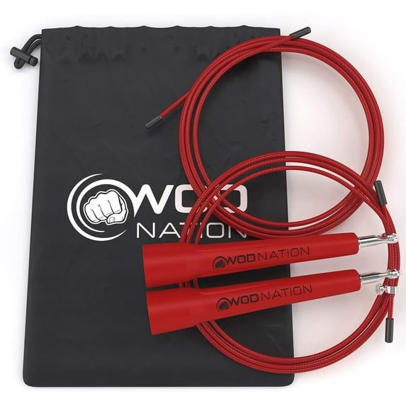 WOD Nation Blazing Fast Adjustable Speed Jump Rope (Includes Carrying Bag & Spare Cable) for Men, Women and Children, Red
