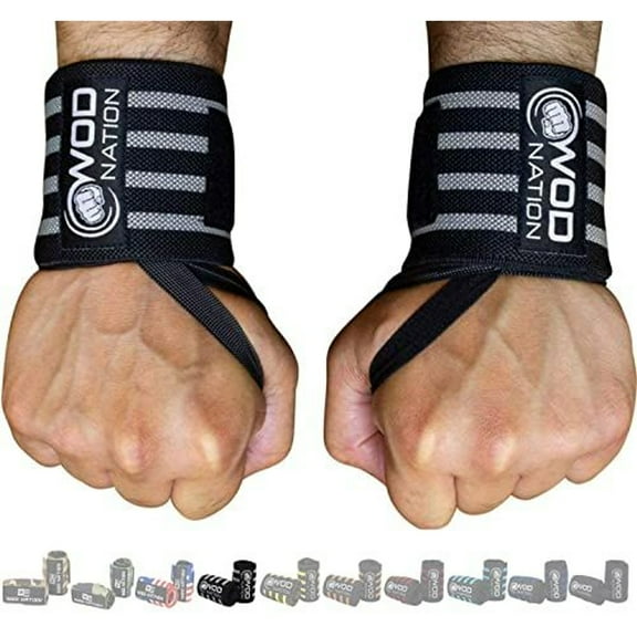 WOD Nation 24-Inch Weightlifting Wrist Wraps - Hook & Loop Thumb Loop For Wrist Support - Breathable Polyester For Strength Training - Lifting Straps for Powerlifting - 24 in, Black/Grey