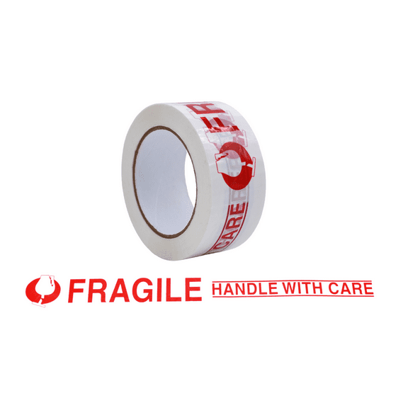 WOD PP20F-W Printed White Carton Sealing Tape with Red Lettering - "FRAGILE Handle With Care" Warning Sign Security Shipping Tape for Packaging Boxes: 2 in. x 110 yds. (1-Pack)