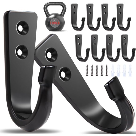 WODEGIFT 10Pcs Heavy Duty Wall Hooks for Hanging, Large Size Wall Hooks,Coat Hooks, for Backpacks, Coats, Cast Iron Pans and Other Heavy Items (Black Hooks)