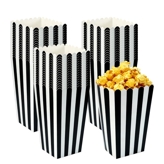 WODJR 100PCS Popcorn Boxes Movie Night Party Supplies Black White Stripe Popcorn Buckets Mini Snack Favor Treat Box Snack Containers for Birthday Wedding Baby Shower Candy Dessert Boxes 5X7X11cm