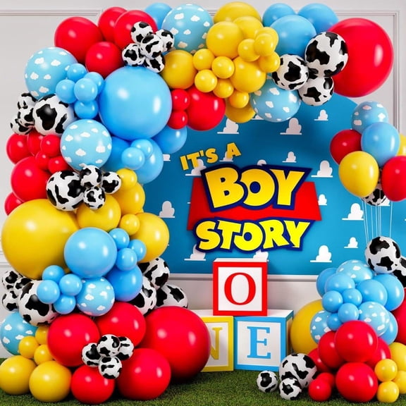 WODJR 100Pcs Cow Balloon Garland Arch Kit Cow Party Decorations Cloud Balloons Garland Arch Kit Yellow Red Light Blue Balloon Arch Cow Light Blue Balloons Different Sizes for Farm Party Decorations
