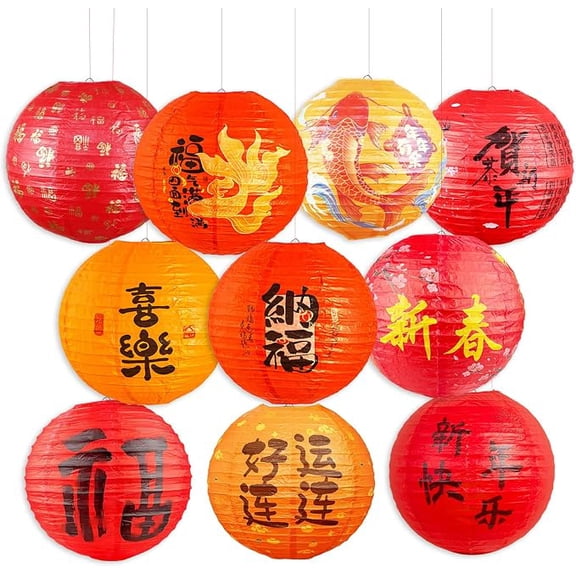WODJR 10Pcs Chinese New Year Decorations Chinese Lanterns Paper Hanging Lanterns Luner New Year Supplies Lucky Hanging Lantern Spring Festival Lantern Luner New Year Decorations Home Decoration