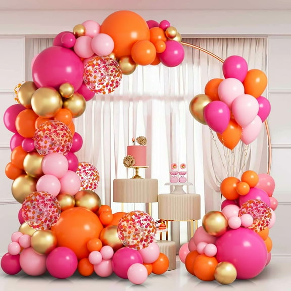 WODJR 121pcs Hot Pink Orange Ballloon Garland Hot Pink Orange Party Decorations Tropical Birthday Party Supplies Gold Metallic Pastel Balloon Metallic Gold And Pink Balloons