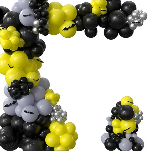 WODJR 124 Pcs Bat Balloon Garland Bat Party Decorations Black Yellow Balloon Garland Black Yellow Grey Balloon Bat Decorations Bat Birthday Decorations Bat Decor Hero Party Decorations Halloween Part