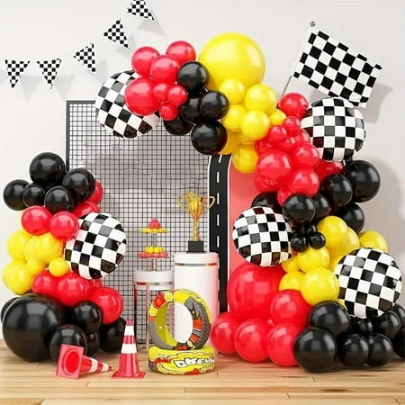 WODJR 143Pcs Racing Car Balloon Garland Racing Car Party Decorations Racing Car Balloons Black Red Balloon Garland Arch Kit Black Red Yellow Balloons Checkered Balloons for Racing Car Party Supplies