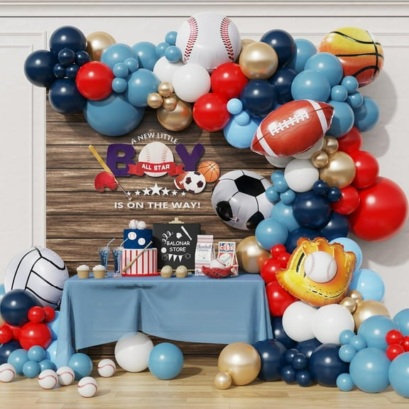WODJR 149 Pcs Sports Balloon Arch Kit Sports Party Decorations Blue Red White Balloon Garland Football Vollyball Soccer Baseball Basketball Balloons Sports Balloons Sports Birthday Party Decorations