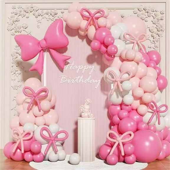WODJR 149Pcs Bow Balloon Garland Arch Kit Coquette Birthday Decorations Pink White Balloon Arch Hot Pink Bowknot Balloon for Wedding Bridal Shower Girl Birthday Engagement Coquette Bow Party Supplies