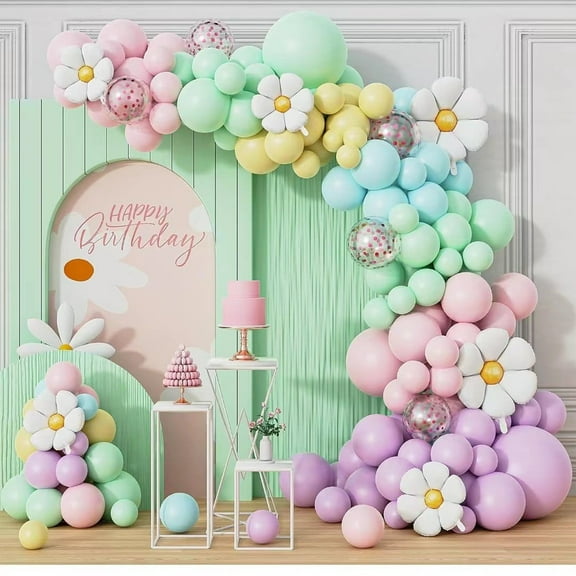 WODJR 158Pcs Daisy Balloon Garland Arch Kit Daisy Party Decorations Pastel Macaron Balloon Arch Kit Pink Purple Green Yellow Balloons Daisy Balloons for Boho Mothers Day Floral Daisy Party Supplies