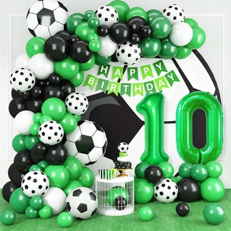 WODJR 90 Pcs Soccer Balloon Arch Soccer Party Decorations Green White Black Balloon Arch Soccer 10th Balloon Arch Soccer Foil Balloons Soccer Banner Green Number 10 Balloon Football Party Decorations