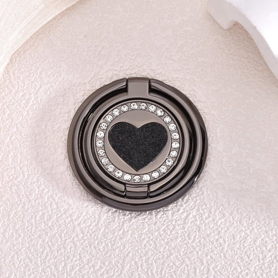 WODOXIN Black Bling Phone Grip Stand, Double Ring Rhinestone Heart 360° Rotating Finger Holder, Adhesive Kickstand for iPhone & Android