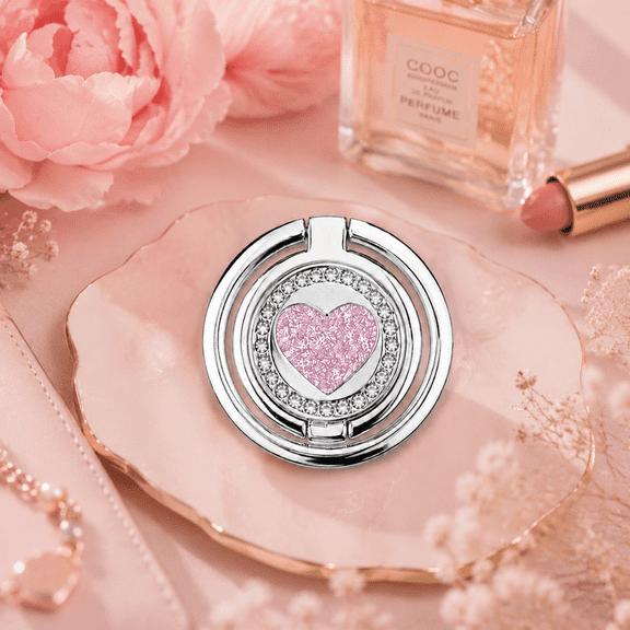 WODOXIN Double Ring Phone Grip Holder, 360° Rotating Phone Stand with Glitter Heart Design, Silver Pink Finger Ring Holder for iPhone and Android