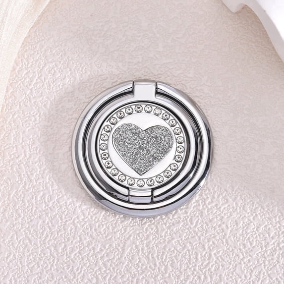 WODOXIN Silver Bling Phone Grip Stand, Double Ring Rhinestone Heart 360° Rotating Finger Holder, Adhesive Kickstand for iPhone & Android