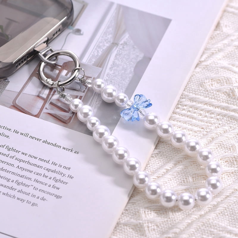 WODOXIN Phone Lanyard Strap Faux Pearl ABS Beaded Detachable Wrist Chain Blue Compatible with iPhone and Android 1-Pack 10.83"