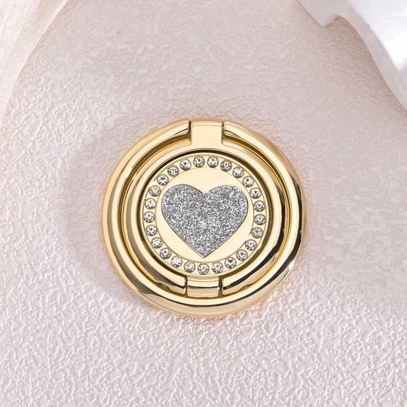 WODOXIN Gold & Silver Bling Phone Grip Stand, Double Ring Rhinestone Heart 360° Rotating Finger Holder, Adhesive Kickstand for iPhone & Android