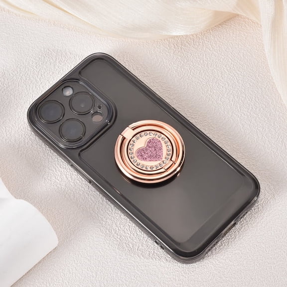 WODOXIN Rose Gold Bling Phone Grip Stand, Double Ring Rhinestone Heart 360° Rotating Finger Holder, Adhesive Kickstand for iPhone & Android