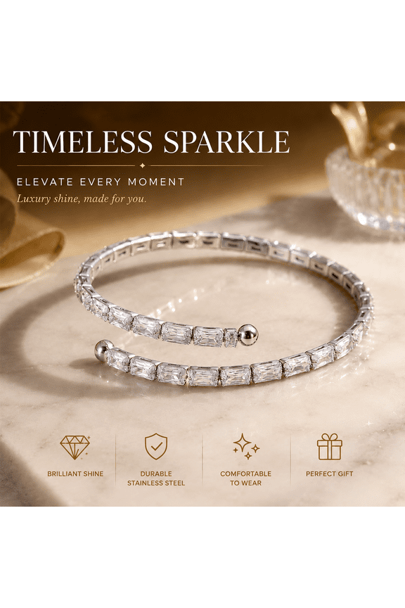 Women's Open Cuff Bangle Bracelet, Stainless Steel Rhinestone Bracelet with Elegant Sparkle Design