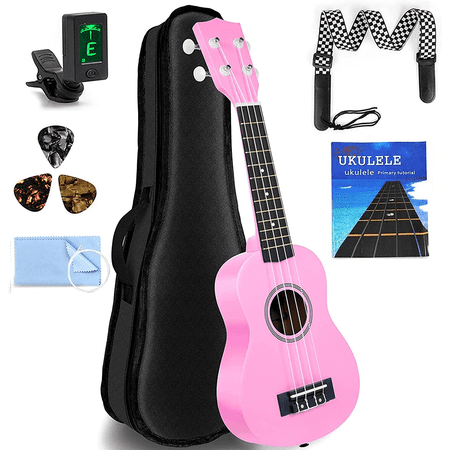 WOERMA Soprano Ukulele Beginner Kit for Kid Adult Student with Online Lesson 21 Inch Ukelele Bundle Bag Strap String Tuner Pick Polishing Cloth Pink Colo
