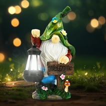 WOGOON Garden Gnome Statue, Outdoor Resin Figurine Decoration with Bright Solar Lantern Lights and Welcome Sign
