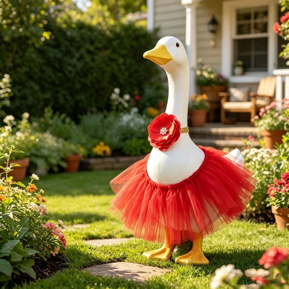 WOHAPY Upgrade 23 Inch Porch Goose Outfit Set, Red Puffy Skirt Costume, Polyester Waterproof Garden Goose Decor