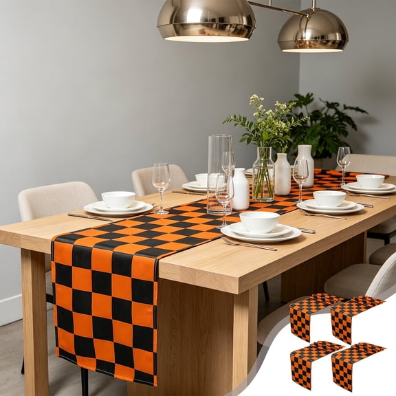 WOHAPY Upgrade 4 Pack Orange Black Checkered Table Runner, Polyester Table Decor, Racing & Halloween Party Runner, 11.81x70.87in, 0.51oz