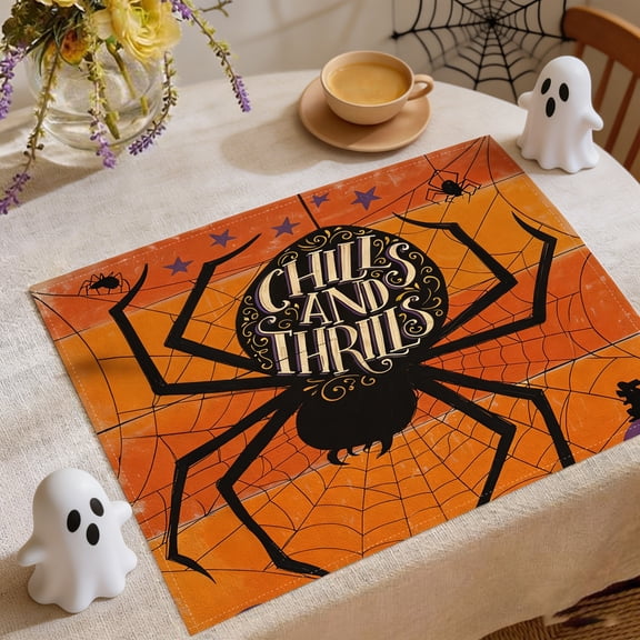 WOHAPY Upgrade Halloween Spider Web Linen Placemat, Heat Proof Festive Dining Mat, Spooky Holiday Table Decor for Home Restaurant