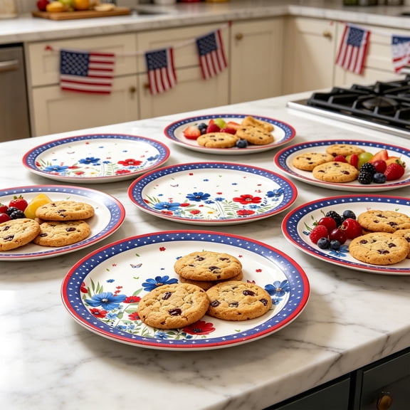 WOHAPY Upgrade Independence Day Flower Themed Party Tableware Set, Paper Cups Plates Napkins, Red White Blue A