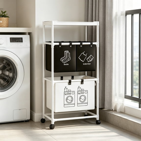 WOHAPY Upgrade Multi Tiered Laundry Hamper, Space-Saving Clothes Organizer, Multi Compartment Dirty Clothes Storage Rack White M With Wheels