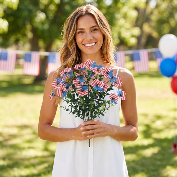 WOHAPY Upgrade Patriotic Artificial Violet Flower, USA Flag Red White Blue Fake Floral Pick, Independence Day Vase Table Decor, 13.78in Length