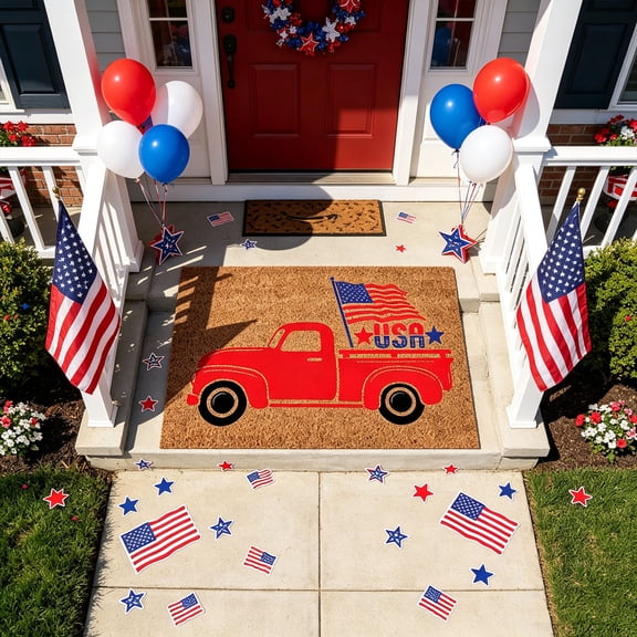 WOHAPY Upgrade Patriotic Doormat, Red Truck Flag Mat, Non-slip Coir Welcome Mat for 4th of July Home Decor, 23.62x15.74in