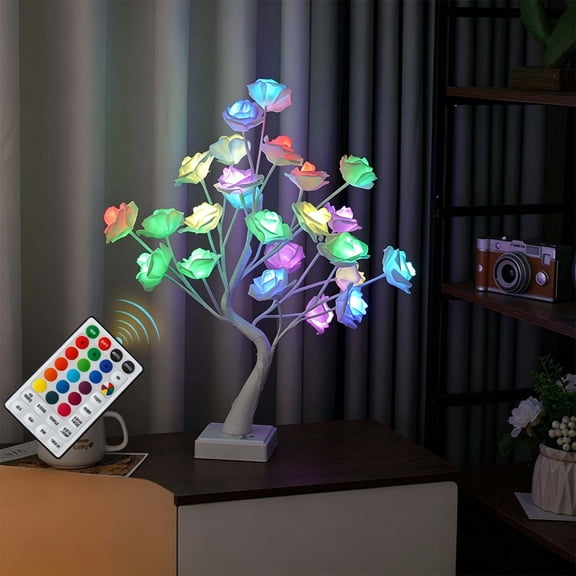 WOHAPY Upgrade RGB Rose Tree Table Lamp, USB Powered Decorative Lamp, Color Changing Rose Light for Valentine Christmas, 4.72x16.34in