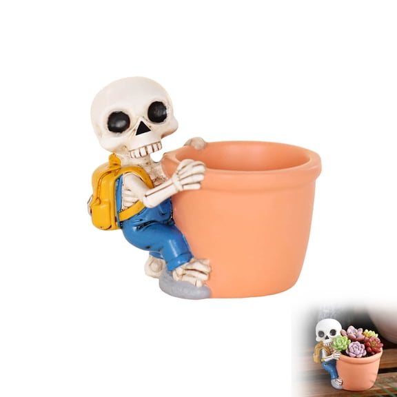 WOHAPY Upgrade Skeleton Backpack Resin Planter, 9.2x8.4x6.5cm Gothic Succulent Flower Pot with Drainage Hole