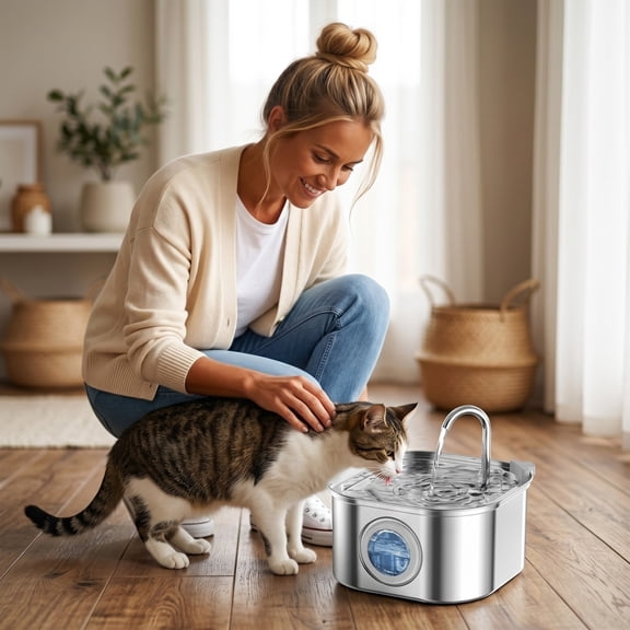 WOHAPY Upgrade Stainless Steel Pet Water Dispenser, Large Capacity Water Fountain with Window, Dripping Design for Cat Hydrator
