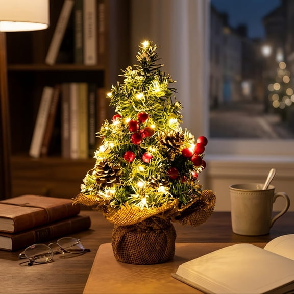 WOHAPY Upgrade Tabletop Mini Christmas Tree, Pre-Lit LED Xmas Tree with Pine Cones Berries, Adjustable Small Artificial Tree for Indoor Holiday Decor