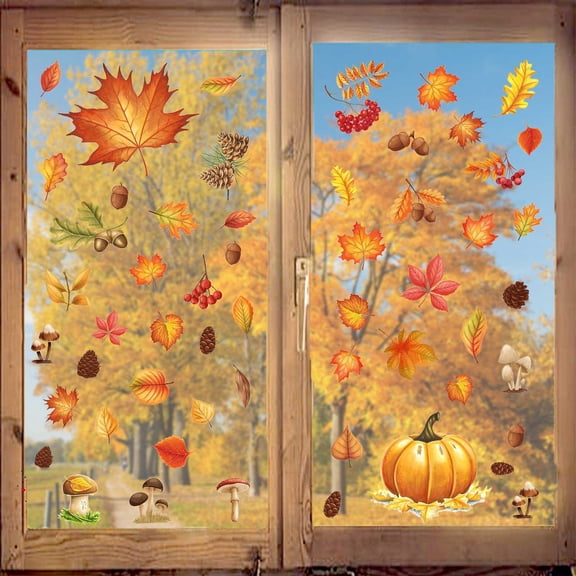 WOHAPY Upgrade Thanksgiving Electrostatic Window Stickers, Maple Leaf Pumpkin Turkey Pattern Decals, Reusable Double-Sided Print Fall Decor
